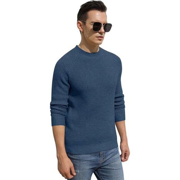 Men's Crewneck Casual Sweater Structured Knit Pullover, Blue - Picture 4 of 5